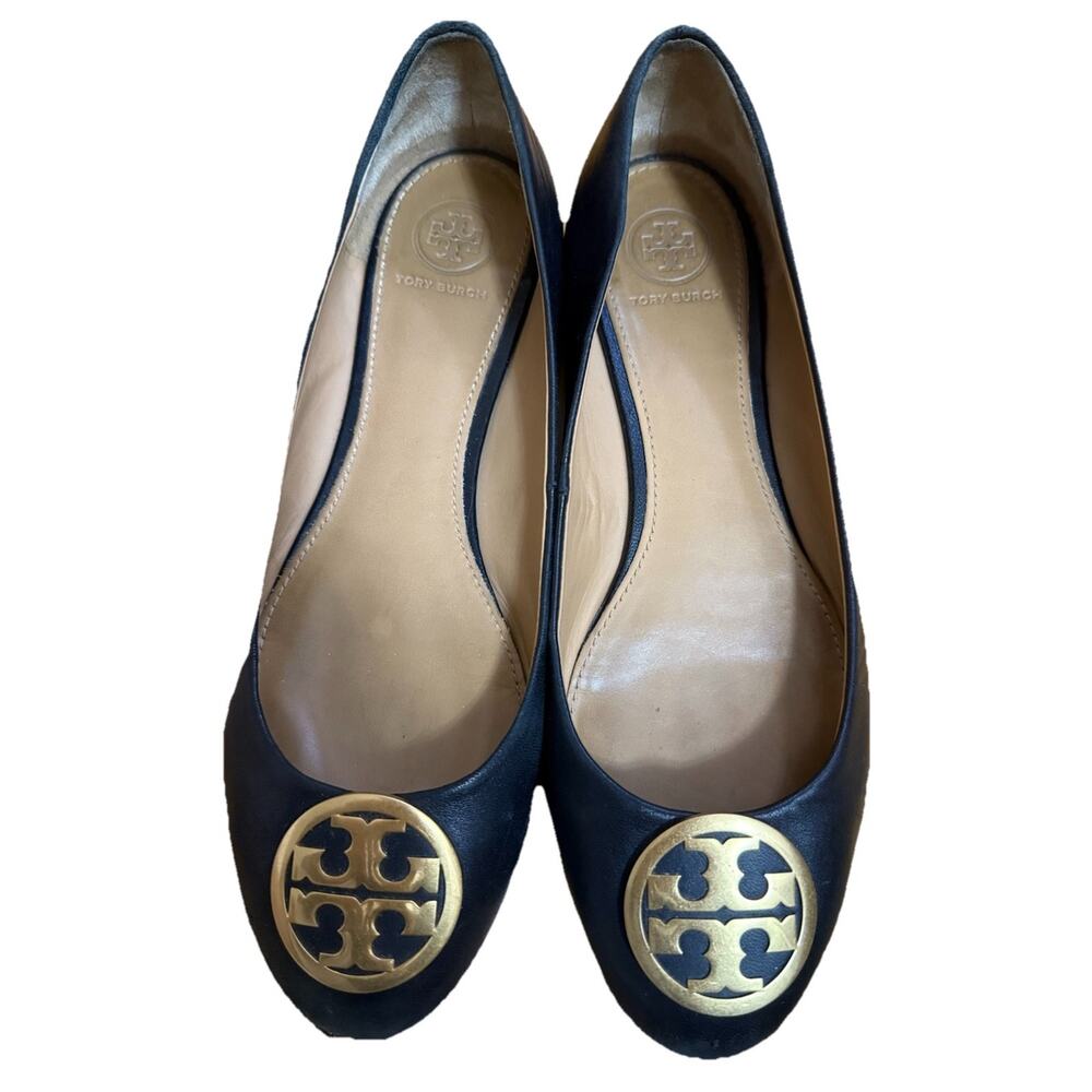 TORI BURCH Women’s Black Slip On Leather Dress Shoes Gold Logo Comfort Size 8